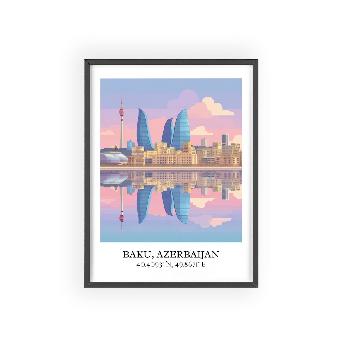 Baku Azerbaijan Flame Towers Waterfront Reflection Retro Travel Poster - Image 2