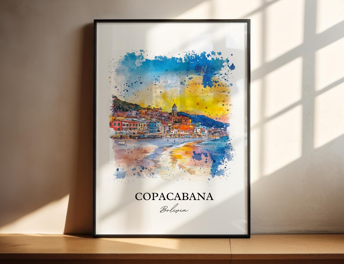 Copacabana Bolivia Lake Titicaca Watercolor Sunset Travel Poster