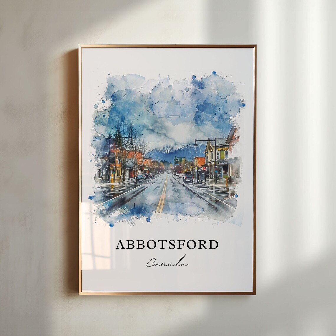 Abbotsford Canada Watercolor Main Street Mountain View Scene Print