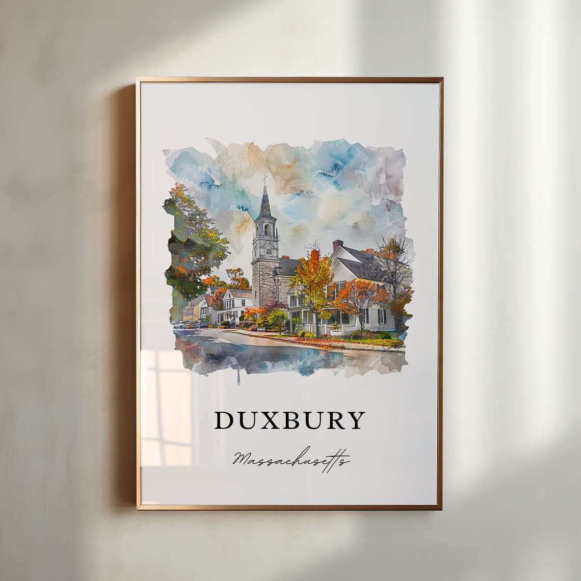 Duxbury Massachusetts Watercolor Autumn Church Street Scene Print