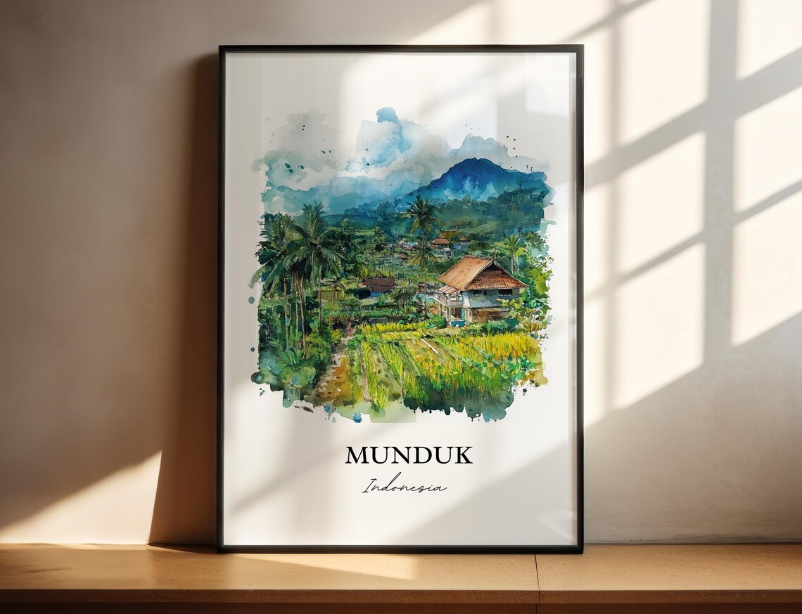Munduk Indonesia Watercolor Rice Terrace Jungle Mountain Poster