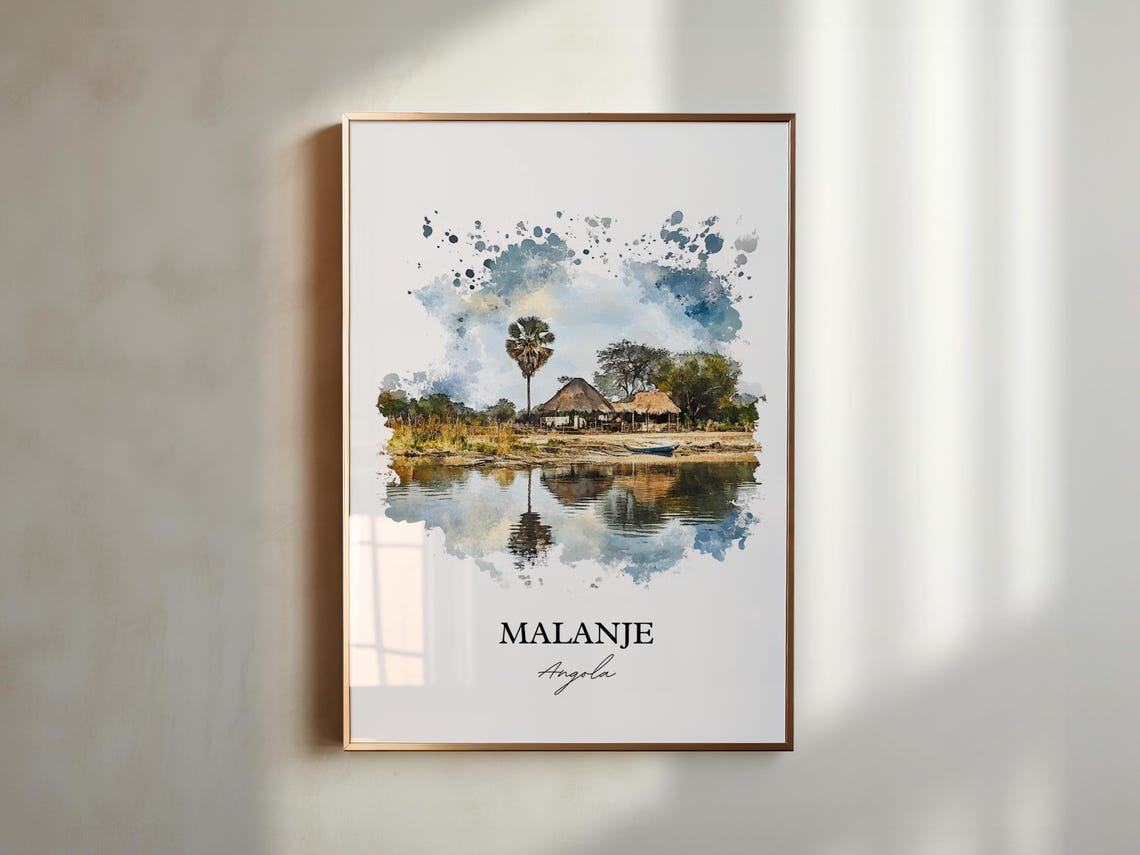 Malanje Angola Riverside Thatched Huts Palm Watercolor Poster - Image 5