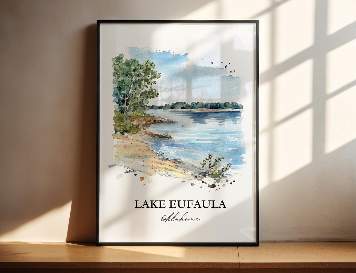 Lake Eufaula Oklahoma Quiet Sandy Shoreline Cove Watercolor Poster