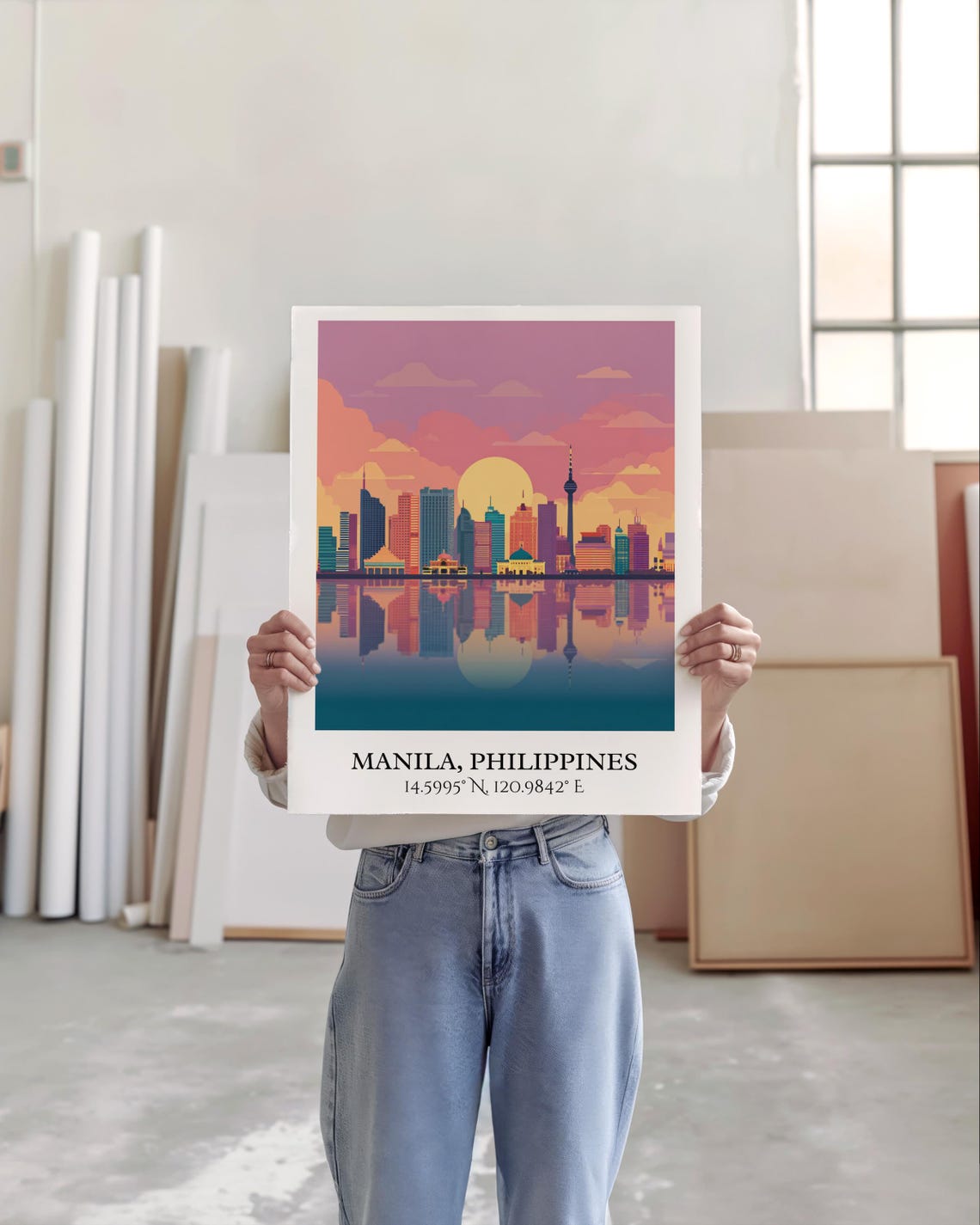 Manila Philippines Sunset Skyline Water Reflection Travel Poster - Image 5