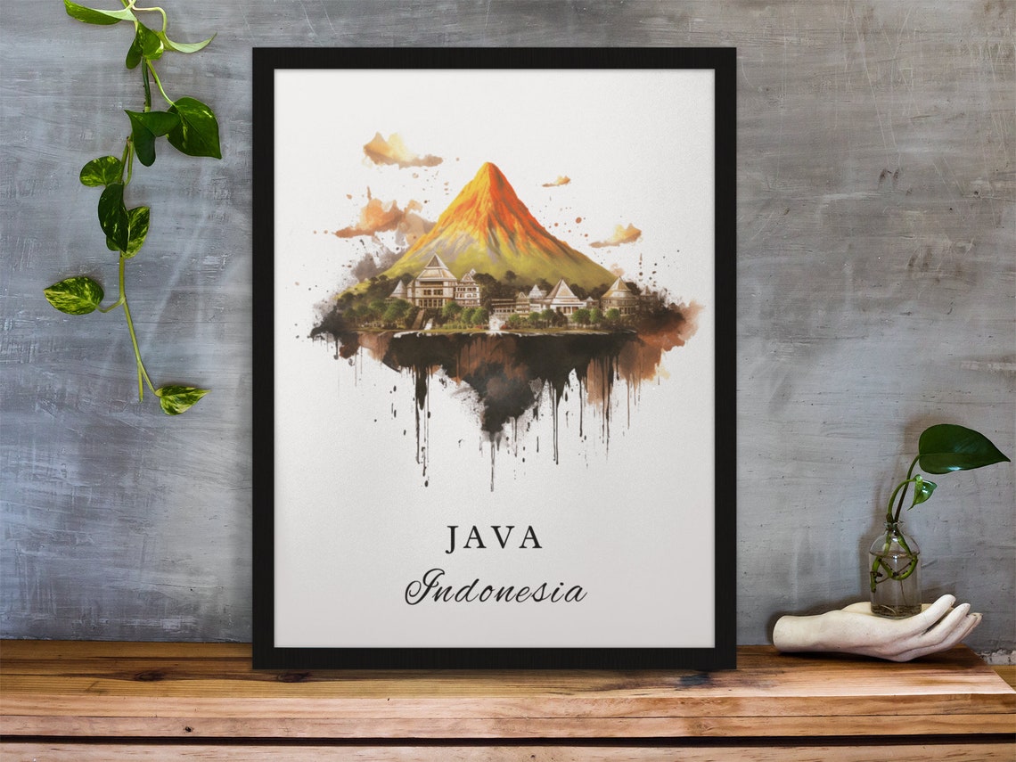 Java Indonesia Volcano Temple Watercolor Travel Souvenir Poster - Image 3