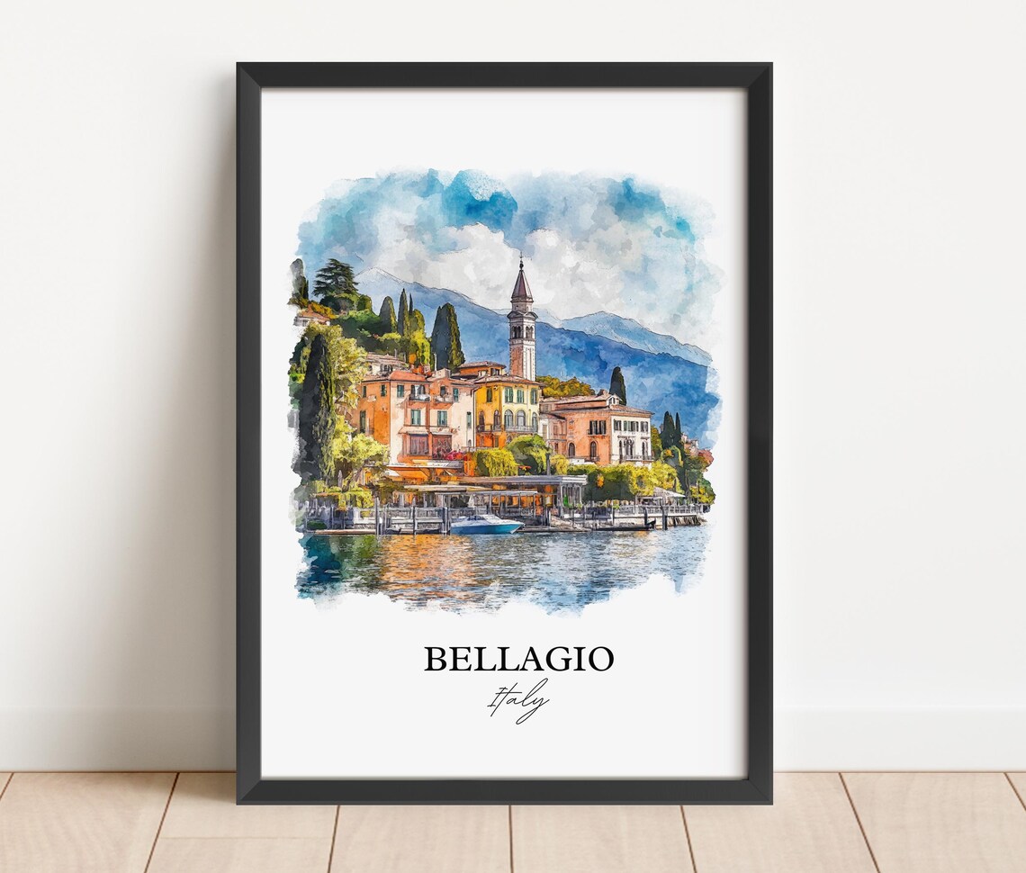 Bellagio Italy Lake Como Waterfront Village Watercolor Travel Poster - Image 2