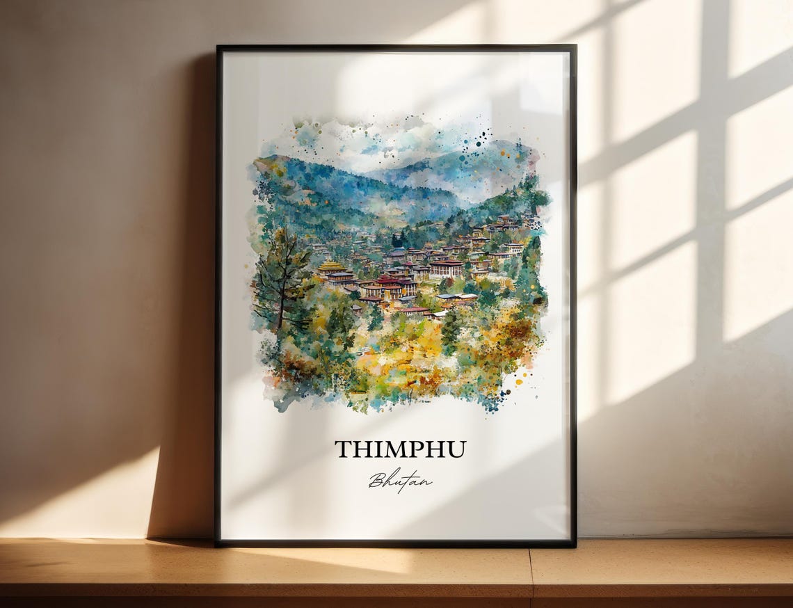 Thimphu Bhutan Watercolor Mountain Valley Town Himalayan Scene Poster