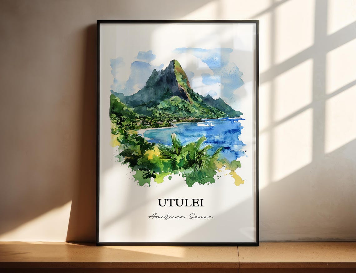 Utulei American Samoa Twin Peaks Bay Coastal Watercolor Poster