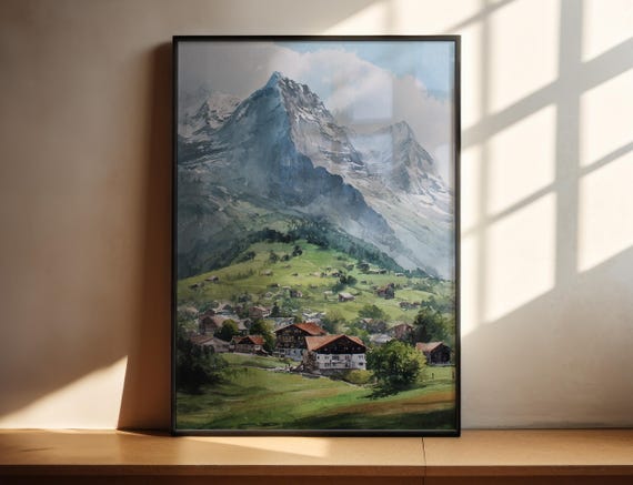 Grindelwald Watercolor Art Travel Print Switzerland Artwork Ski Decor Swiss Wall