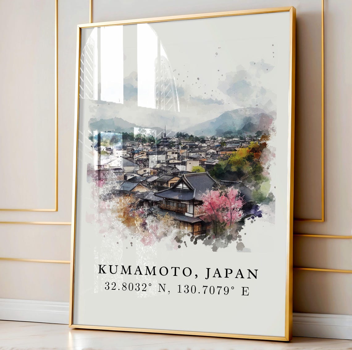 Kumamoto Japan Watercolor Art Castle Town Cherry Blossom Poster - Image 3