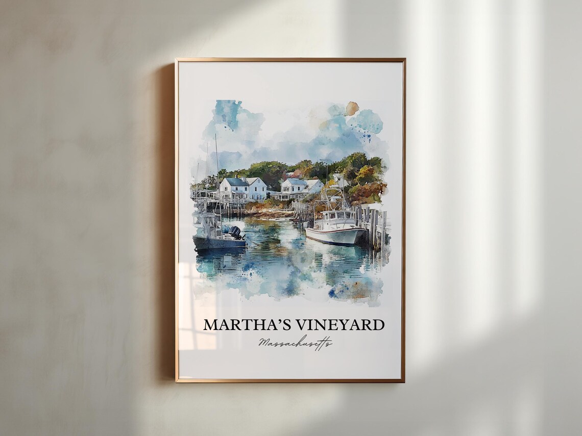 Martha's Vineyard Watercolor Fishing Boat Harbor Scene Poster - Image 4