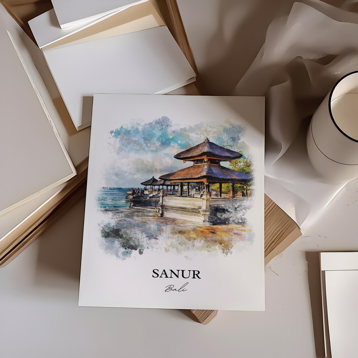 Sanur Bali Watercolor Seaside Temple Calm Ocean Waves Poster - Image 3