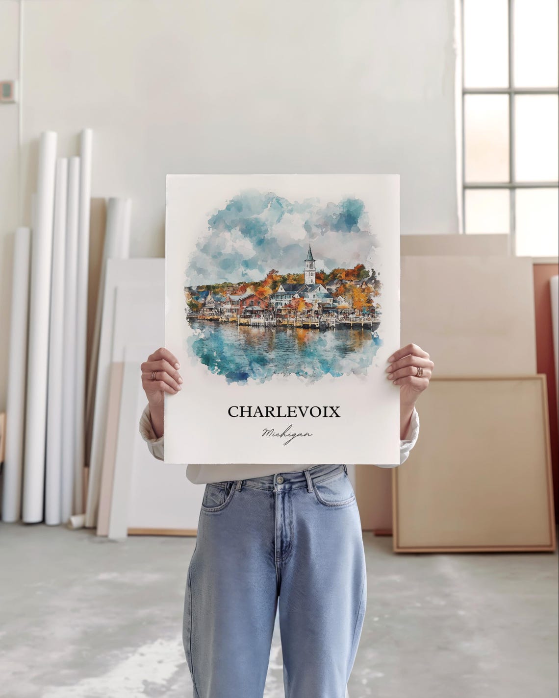 Charlevoix Michigan Harbor Town Autumn Watercolor Coastal Poster - Image 6
