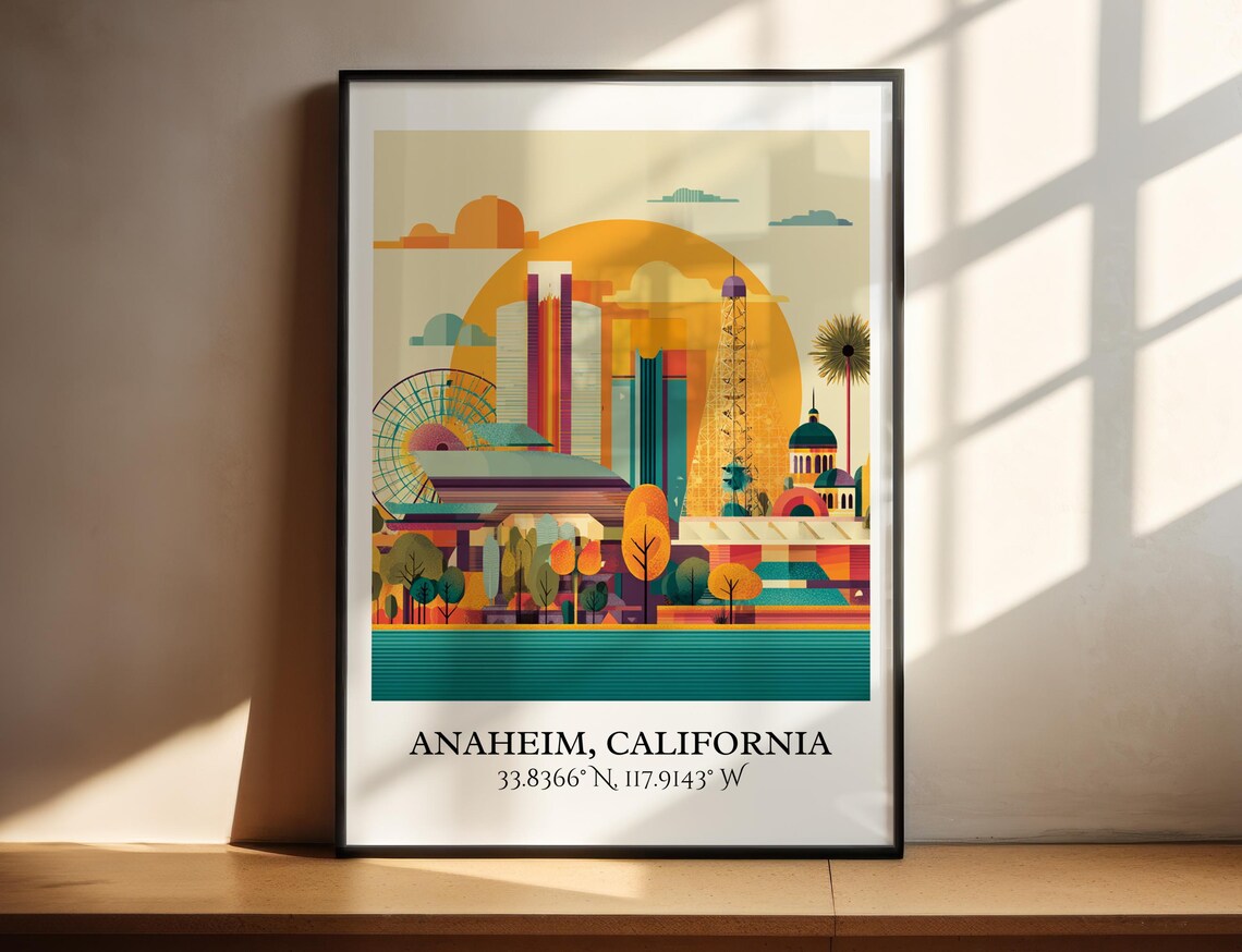 Anaheim California Geometric Skyline Ferris Wheel Retro Travel Poster