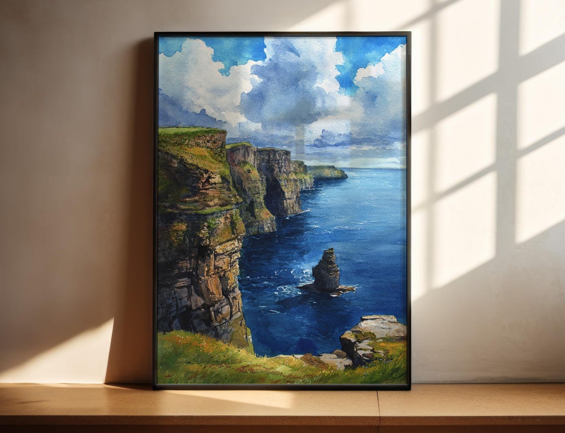 Dramatic Ocean Sea Cliffs Watercolor Coastal Seascape Art Poster
