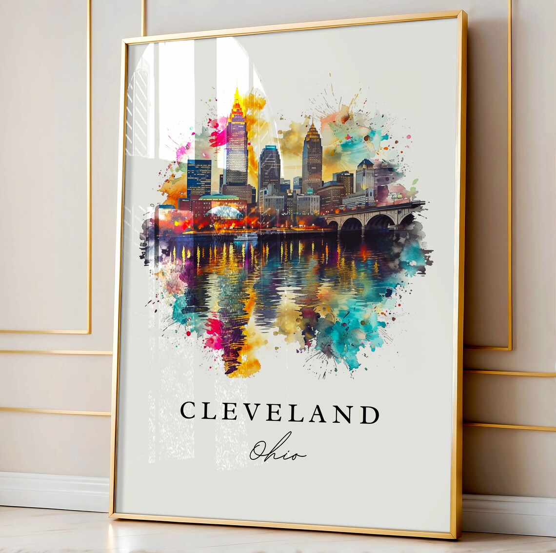 Cleveland Ohio Night Skyline Reflection Watercolor Travel Poster - Image 4