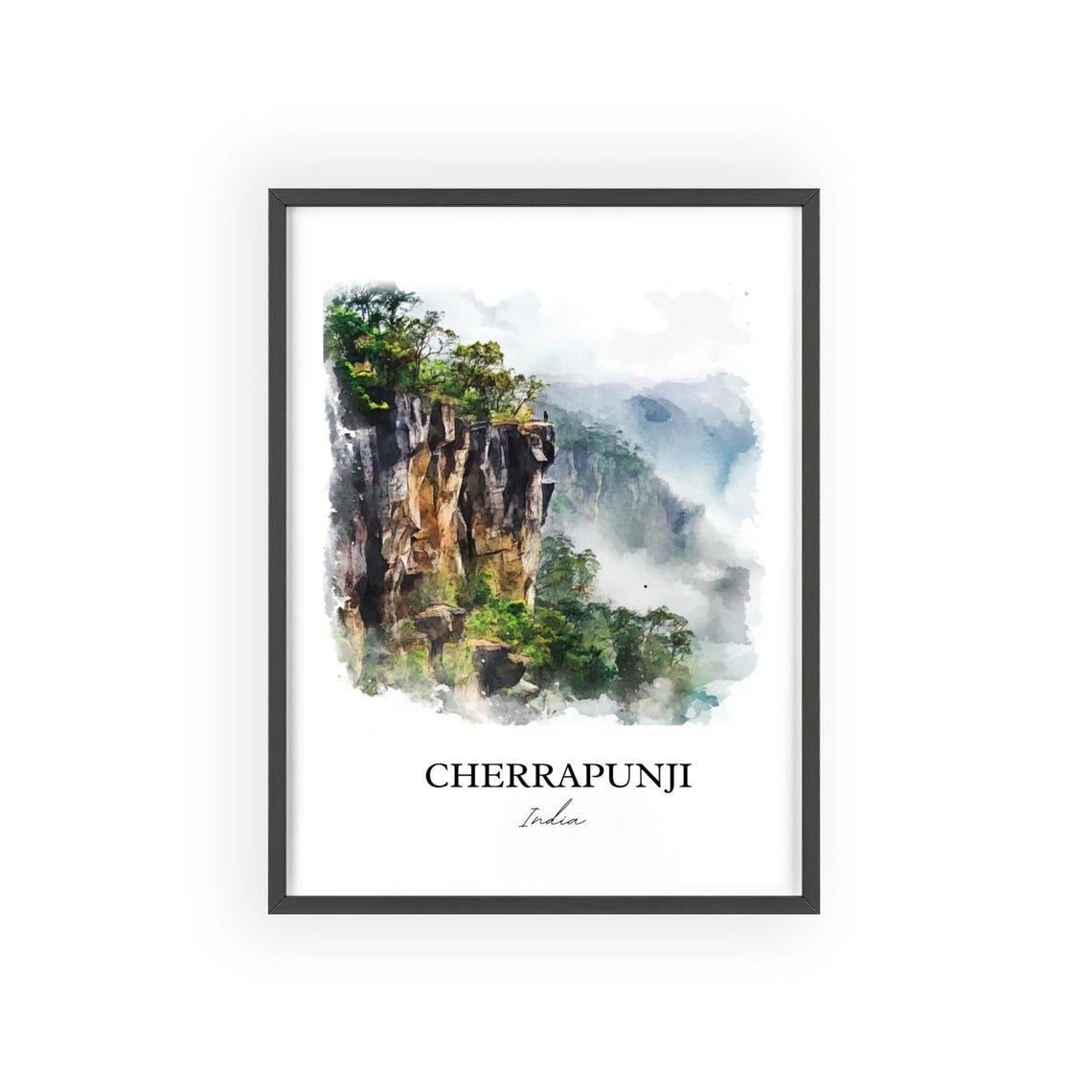 Cherrapunji India Watercolor Misty Cliffs Mountain Gorge Poster - Image 2