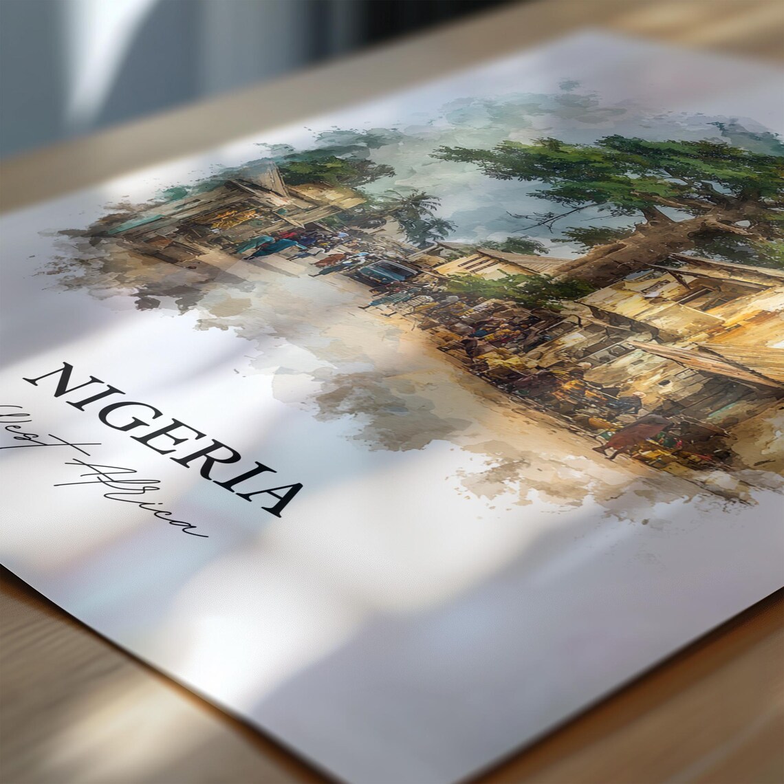 Nigeria West Africa Watercolor Village Market Big Tree Poster - Image 6