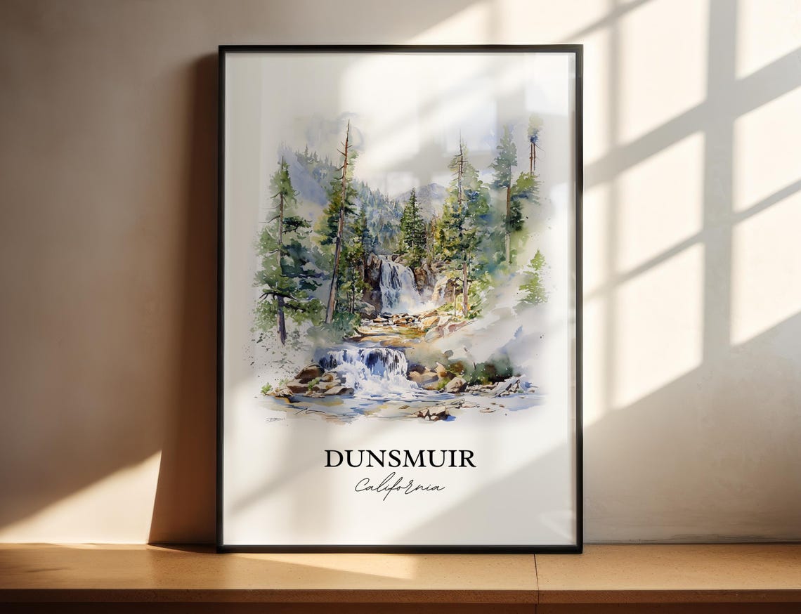 Dunsmuir California Forest Waterfall Stream Watercolor Travel Poster