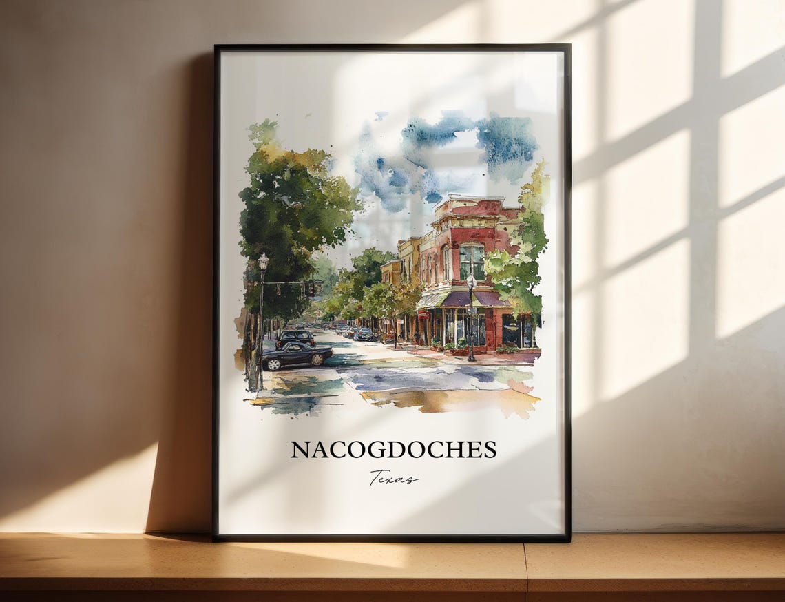 Nacogdoches Texas Historic Downtown Watercolor City Travel Poster