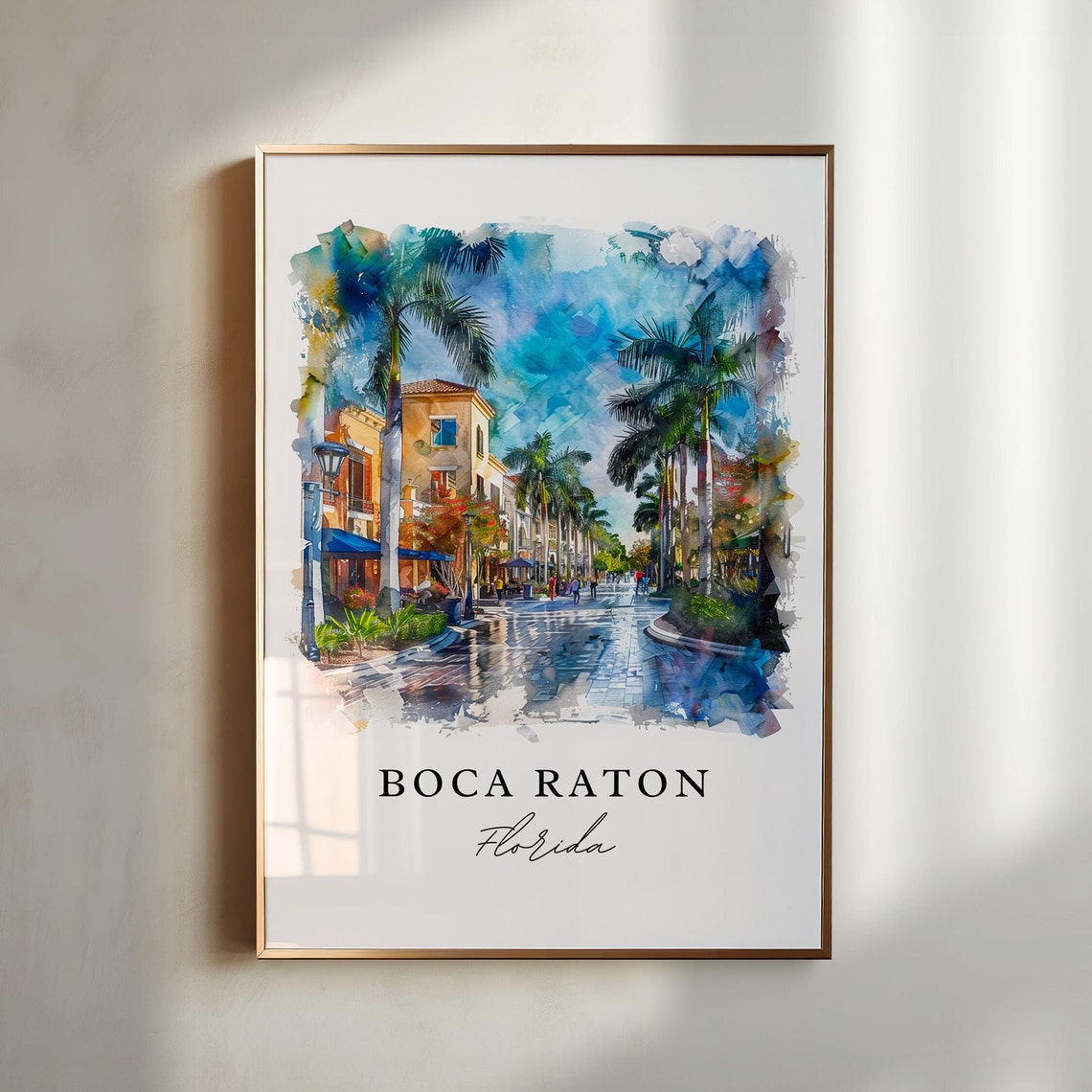 Boca Raton Florida Watercolor Palm Lined Street Travel Poster