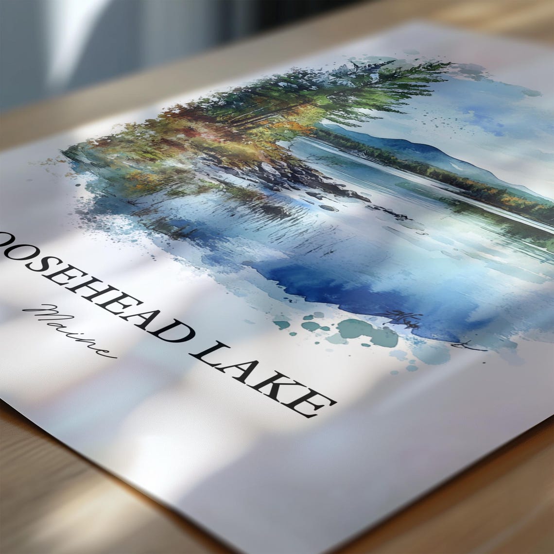 Moosehead Lake Maine Pine Shoreline Mountain Watercolor Poster - Image 6