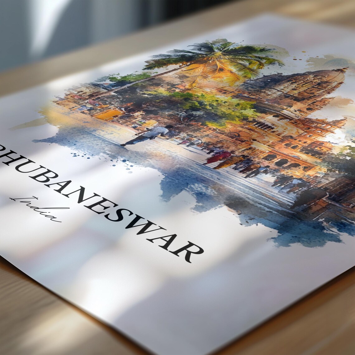 Bhubaneswar India Watercolor Ancient Temple Street Scene Poster - Image 4