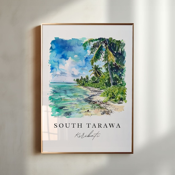 South Tarawa Kiribati Palm Beach Lagoon Watercolor Art Travel Poster