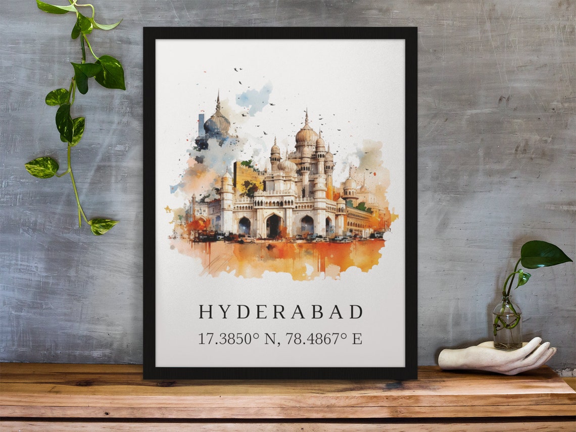Hyderabad India Watercolor Domed Monument Coordinates Poster - Image 2