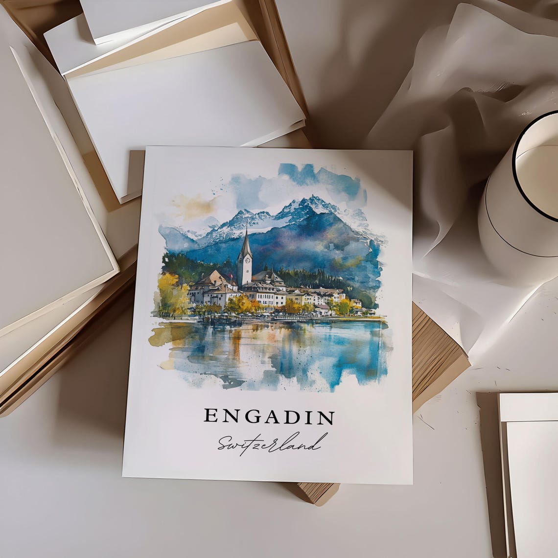 Engadin Switzerland Watercolor Lakeside Town Church Snowy Alps Poster - Image 2