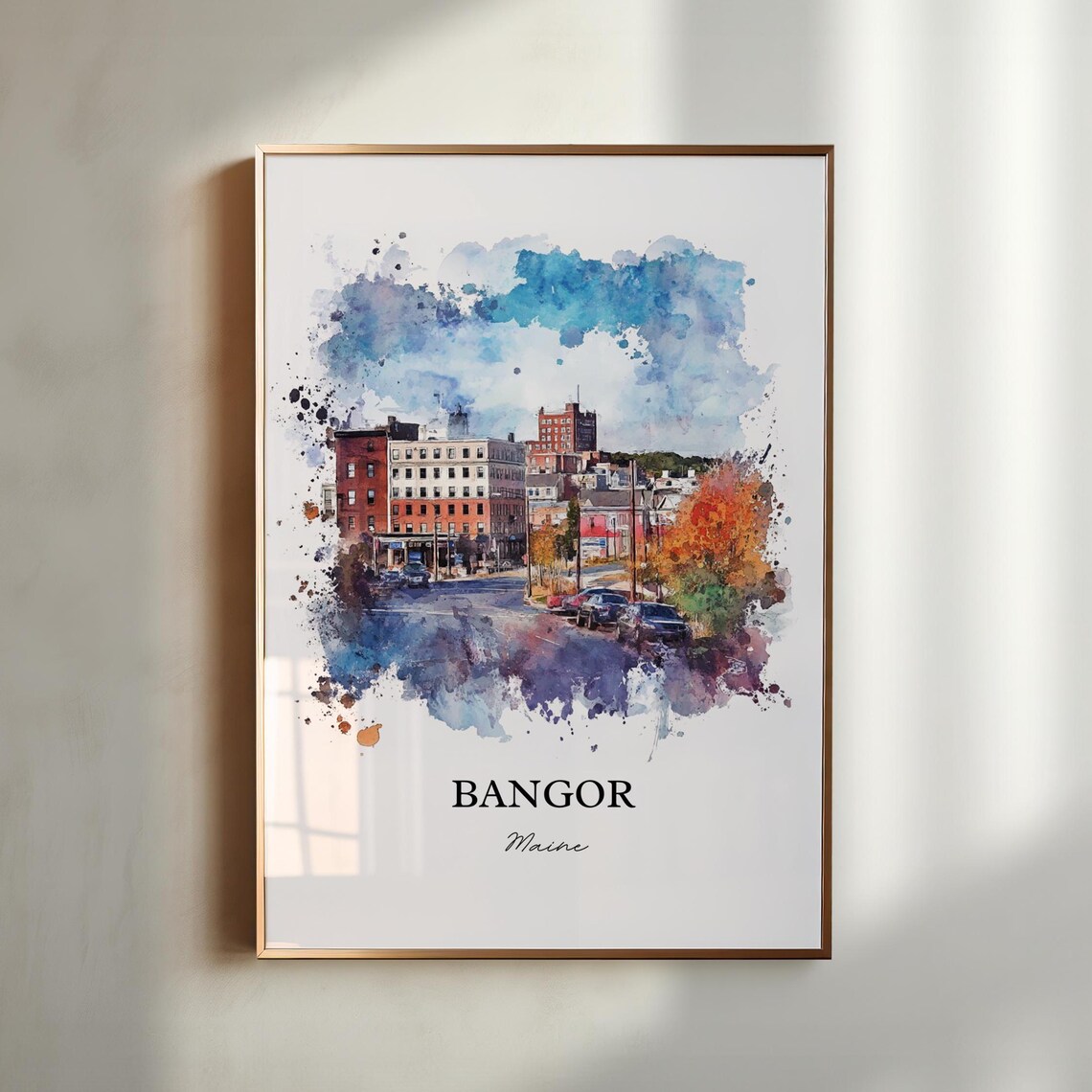 Bangor Maine Historic Downtown Street Autumn Watercolor City Poster