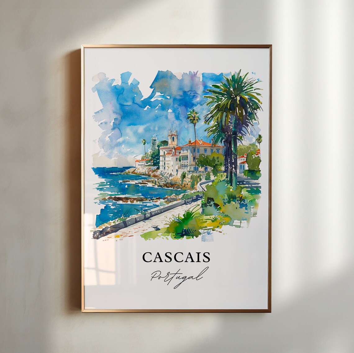 Cascais Portugal Palm Coast Promenade Watercolor Seaside Poster