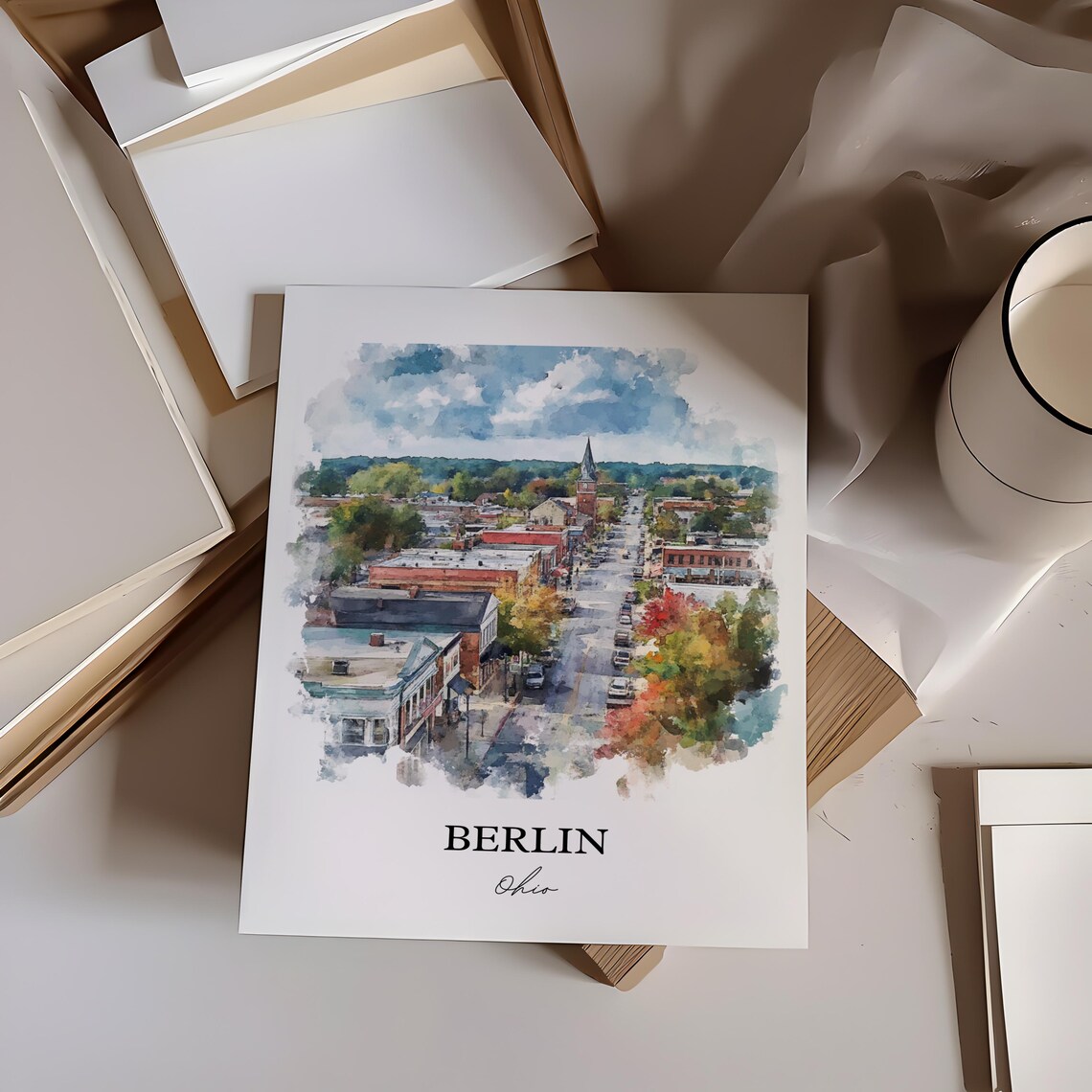 Berlin Ohio Historic Downtown Overlook Watercolor Travel Poster - Image 3