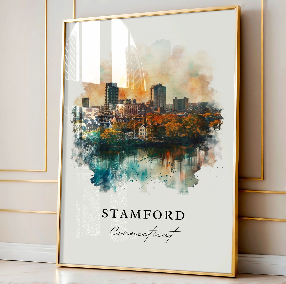 Stamford Connecticut Skyline Reflection Watercolor City Art Poster - Image 4