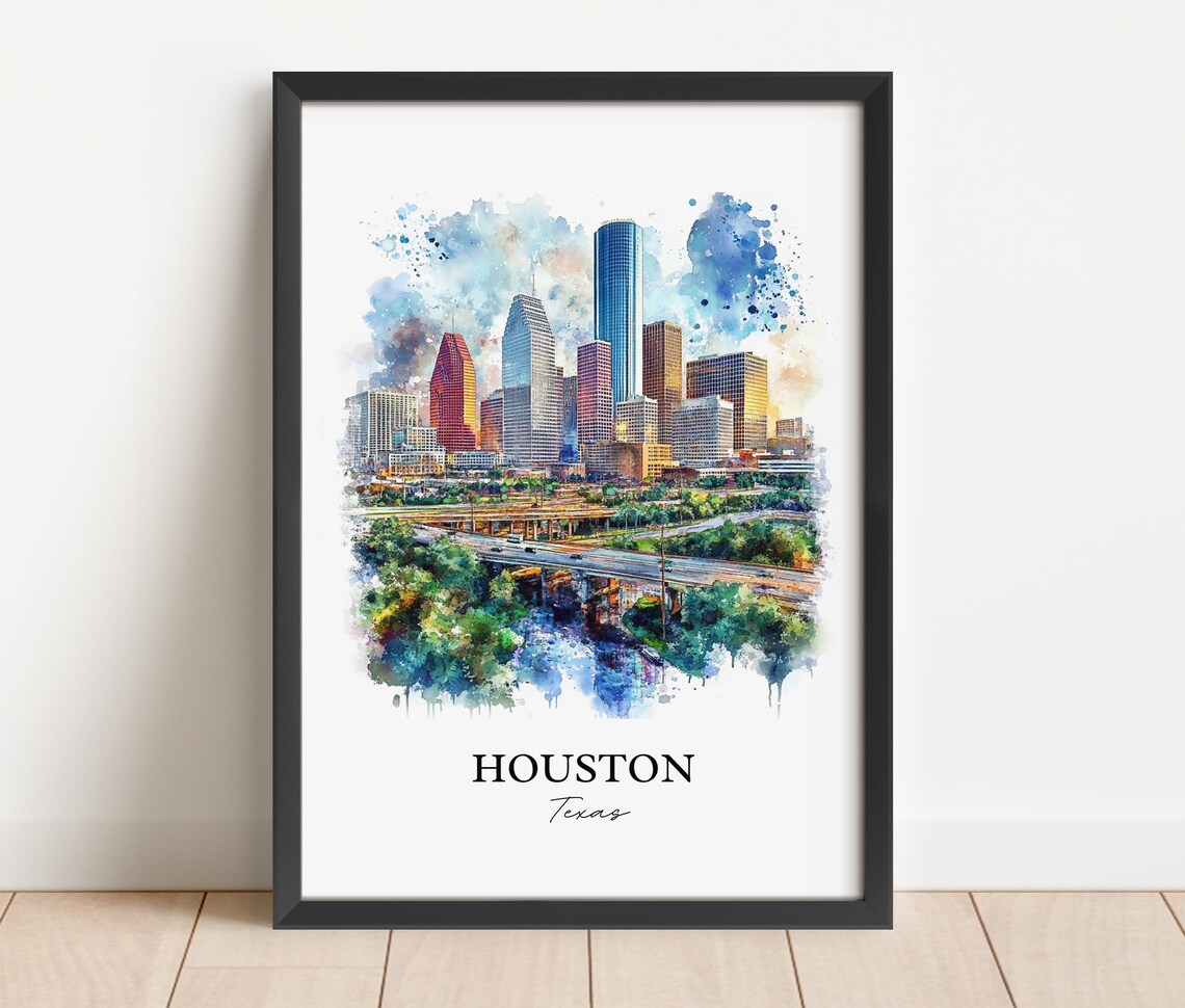 Houston Texas Downtown Skyline Watercolor Urban Travel Poster - Image 4