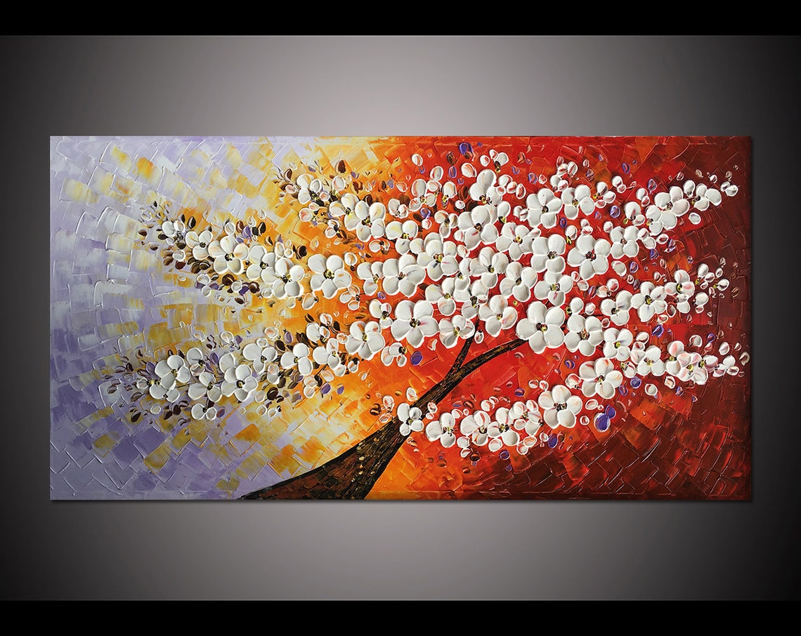 White Blossom Tree On Sunset Red Orange Textured Oil Paint Poster
