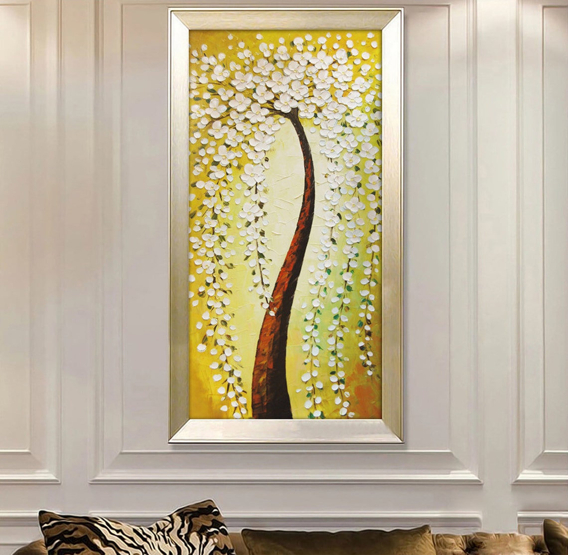 White Weeping Blossom Tree On Radiant Gold Canvas Oil Poster - Image 3