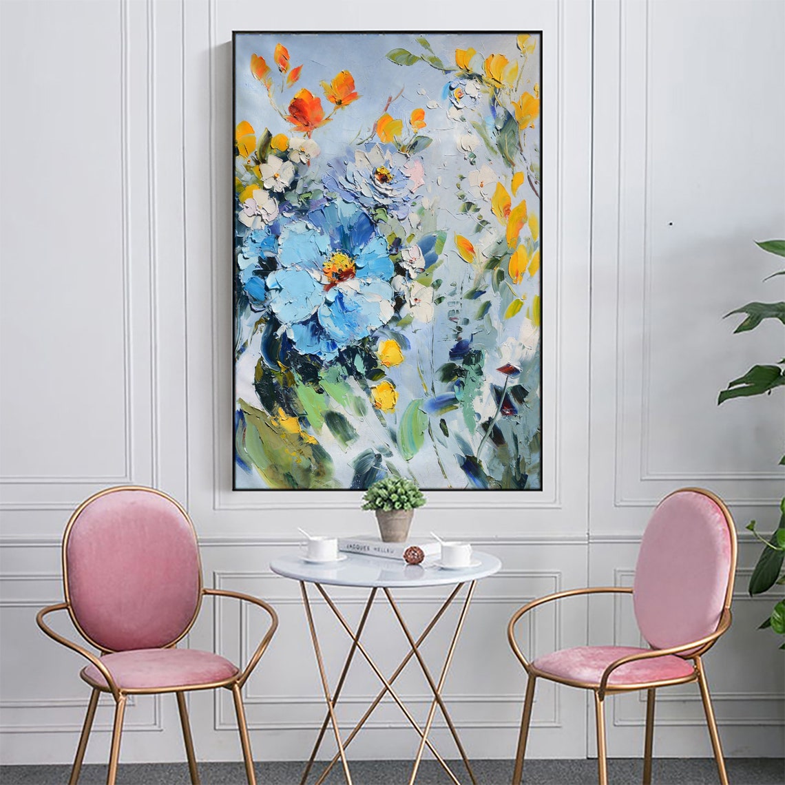 Large Abstract Blue Rose Flower Oil Painting On Art Colorful Flower Painting Art Palette Knife Art Living Room Bedroom Decor Wall Art - Image 3
