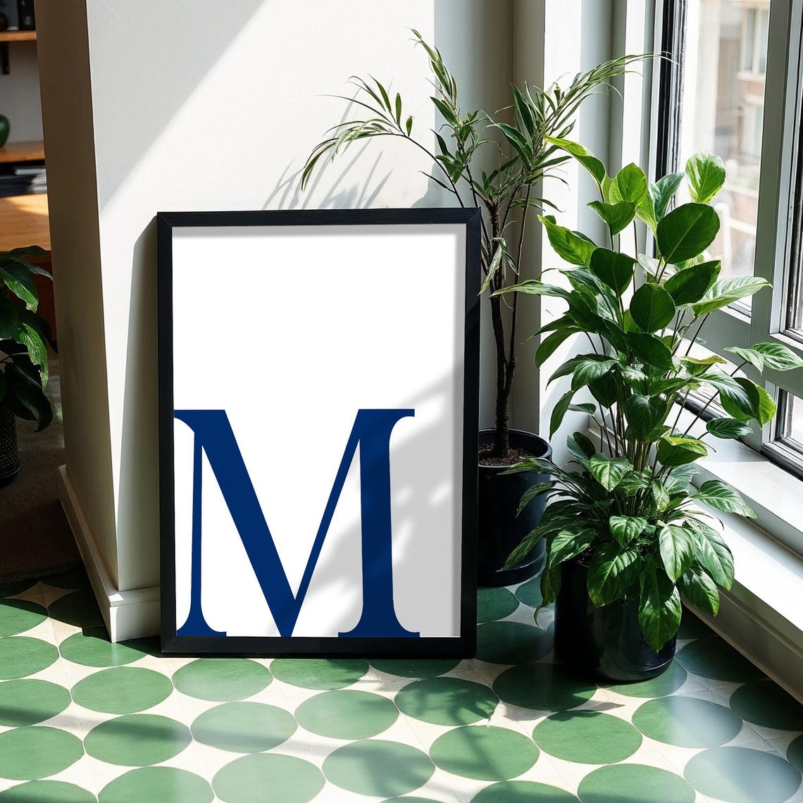 Navy Blue Letter M Serif Monogram Minimalist Typographic Poster
