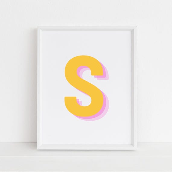 Retro 3d S Alphabet Art Letter S Print Bold Typography In Yellow And Pink Initial Wall Art Initial S Retro Wall Decor