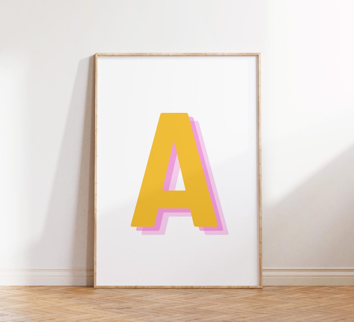 Retro 3d A Alphabet Art Letter A Print Bold Typography In Yellow And Pink Initial Wall Art Initial A Retro Wall Decor - Image 4