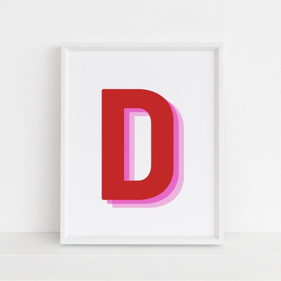 Retro 3d Letter D Print Monogram Letter Print Red Pink Letter Initial Alphabet Print Baby Letter Art Wall Decor