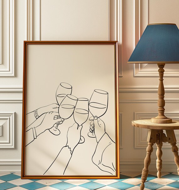 Cheers Four Raised Wine Glasses Minimalist Line Art Party Poster