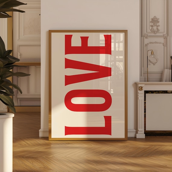 Love Wall Art Bold Typography Poster Trendy Print Retro Red Decor Preppy Dorm