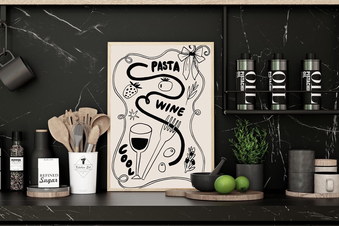 Hand Drawn Pasta Wine and Italian Food Doodle Kitchen Poster - Image 3