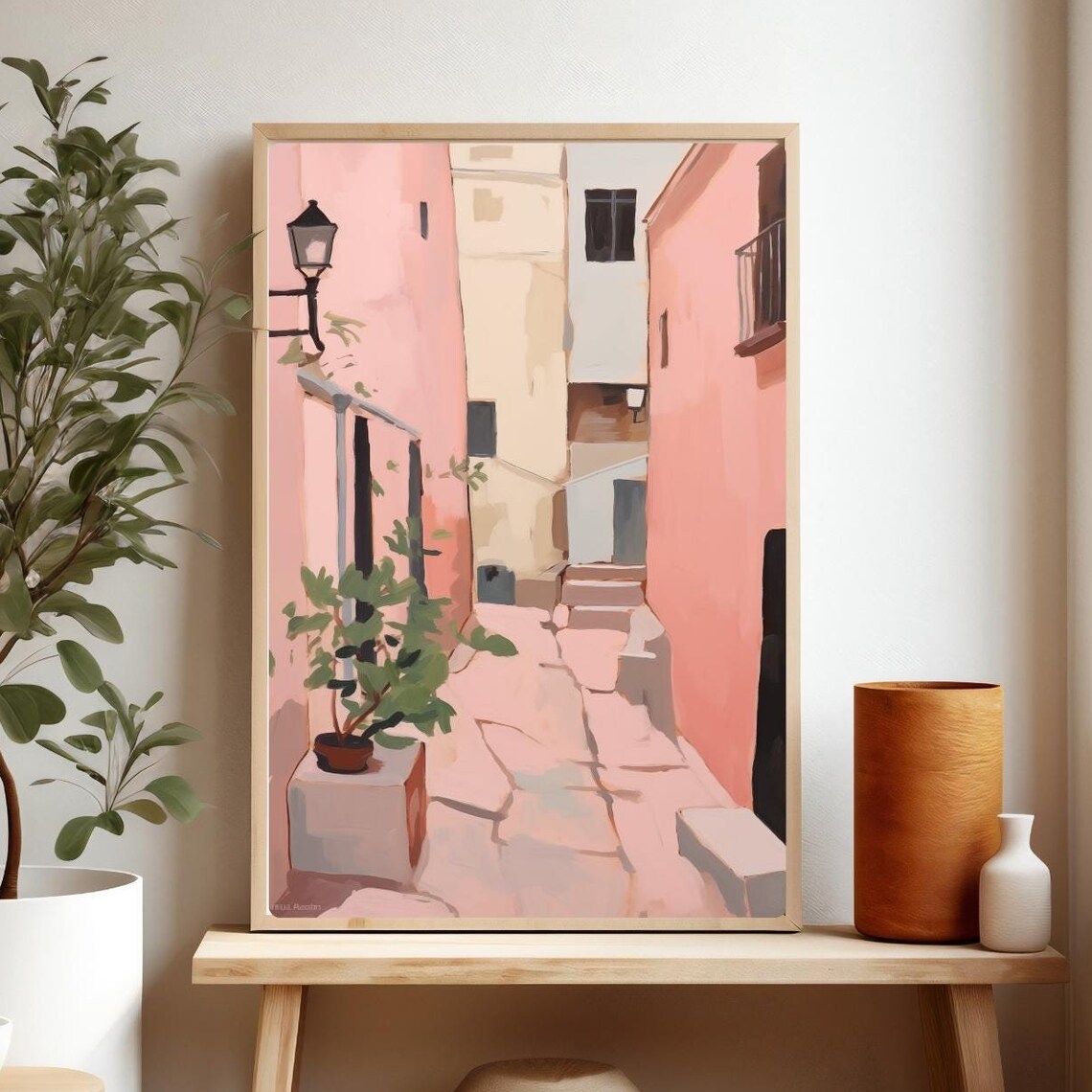 Blush Pink Italian Old Town Alley Painting Mediterranean Street Poster