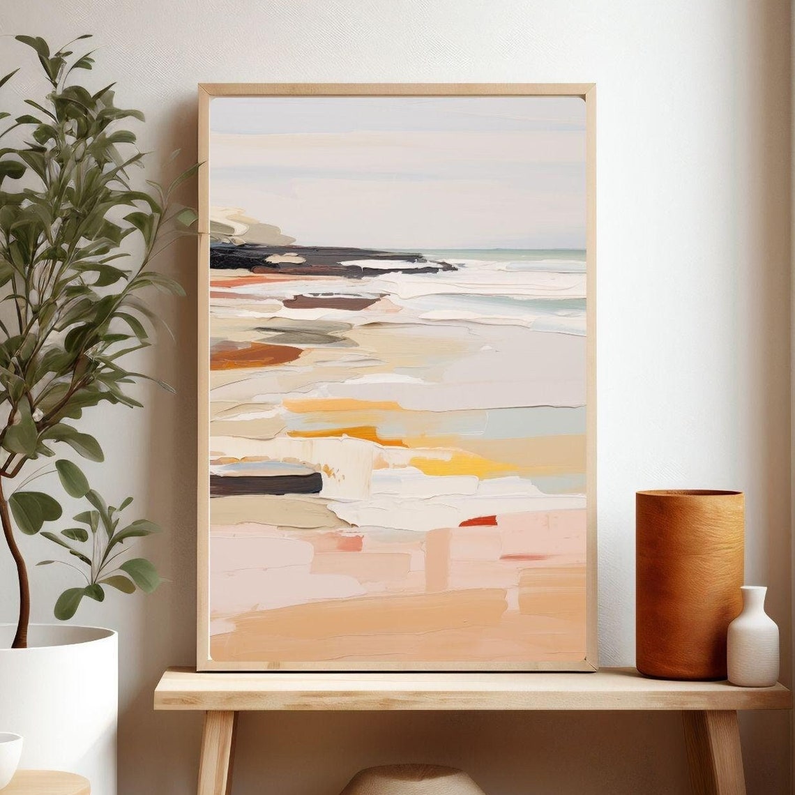 Abstract Peach Beach Waves Watercolor Painting Ocean Shore Poster
