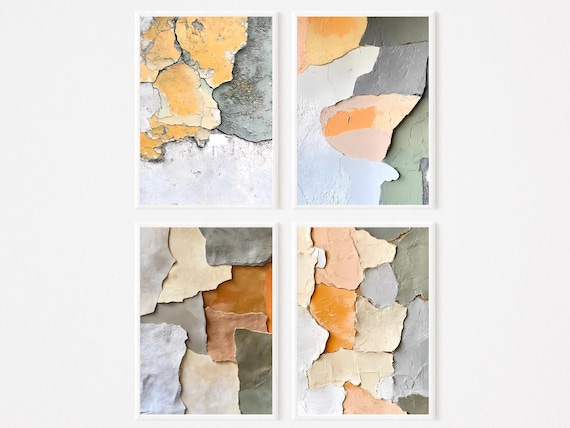 Set of 4 Earthy Abstract Aged Peeling Plaster Texture Wall Art