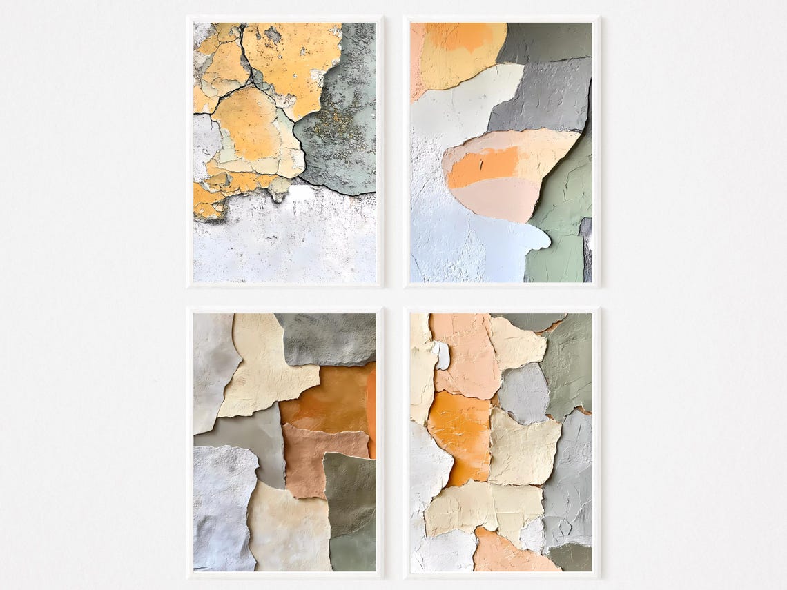 Set of 4 Earthy Abstract Aged Peeling Plaster Texture Wall Art