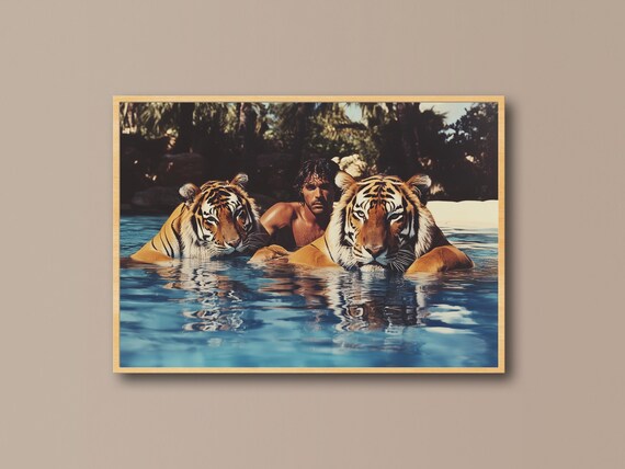 Two Tigers Swimming In Pool Retro Palm Springs Glam Scene Poster